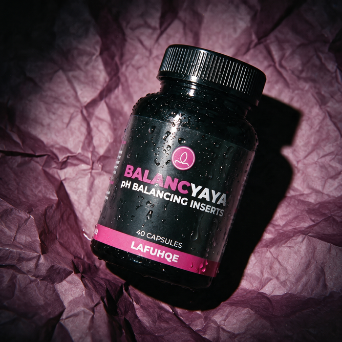 Balancyaya pH Balancing Inserts by LAFUHQE on plum paper, 40 capsules