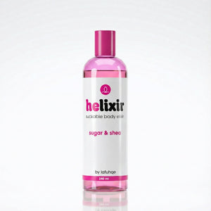 Helixir body scrub bottle with pink cap and label on a white background