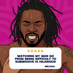 Cartoon character with dreadlocks and a speech bubble on a pink background
