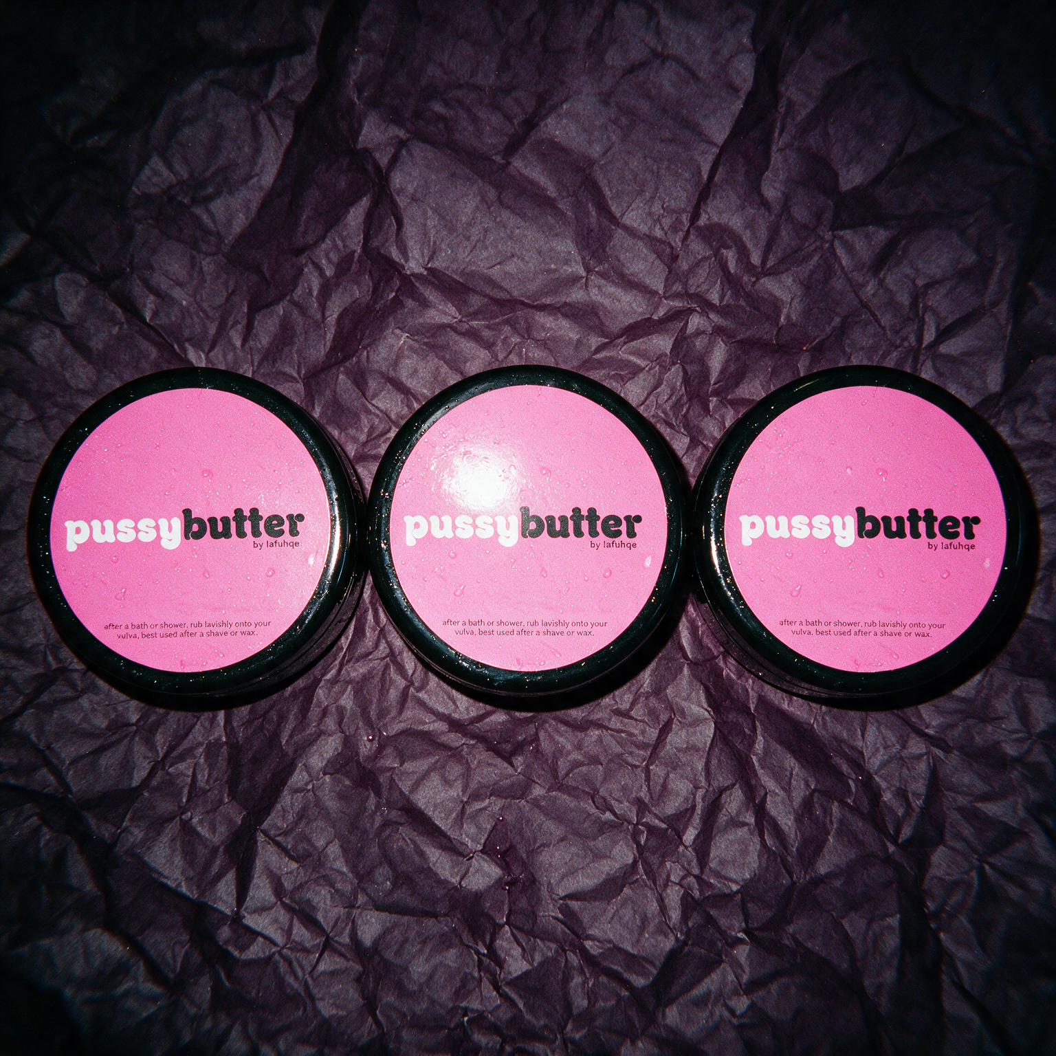 PoosyButter three pack on deep plum crumpled paper