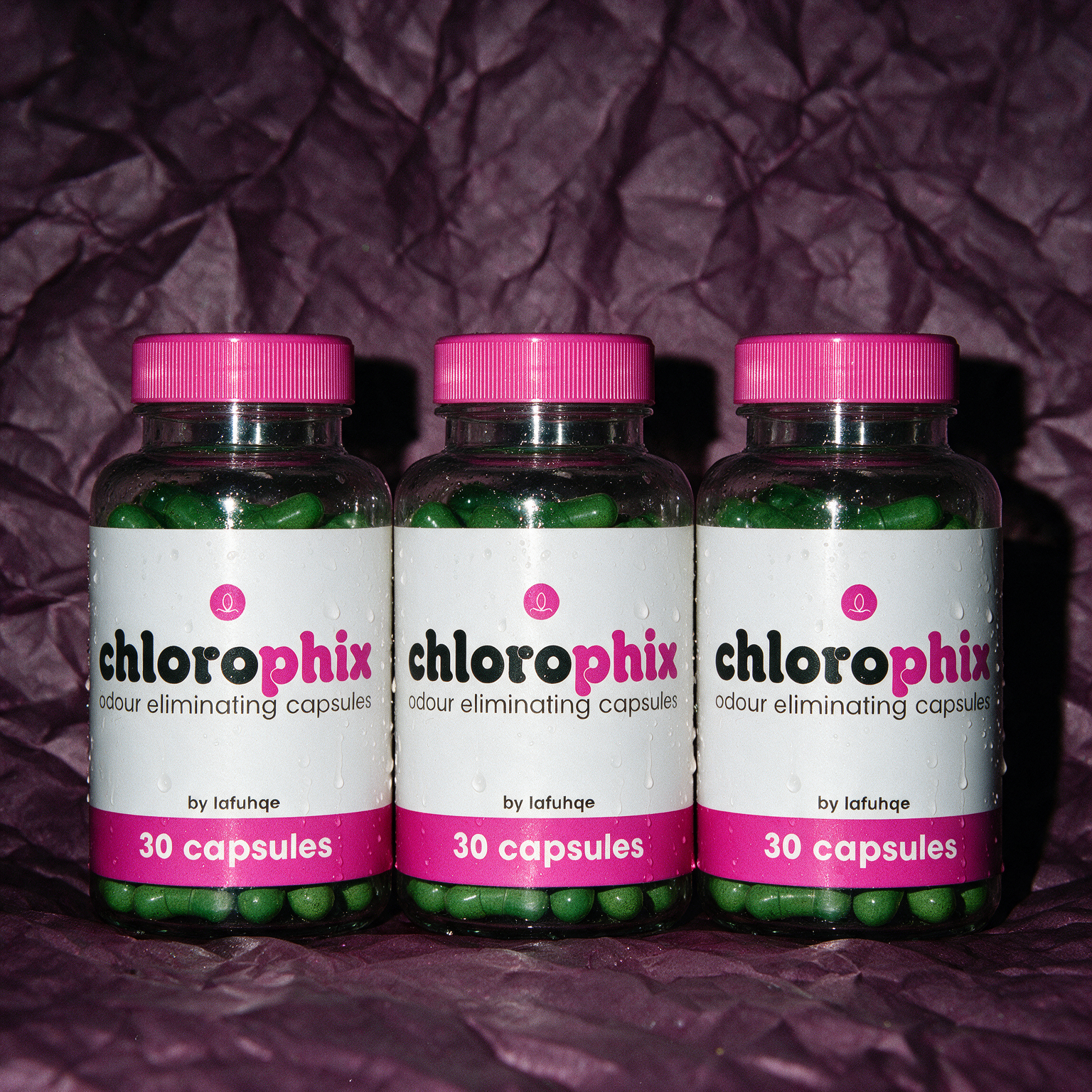 Chlorophix three pack on deep plum crumpled paper