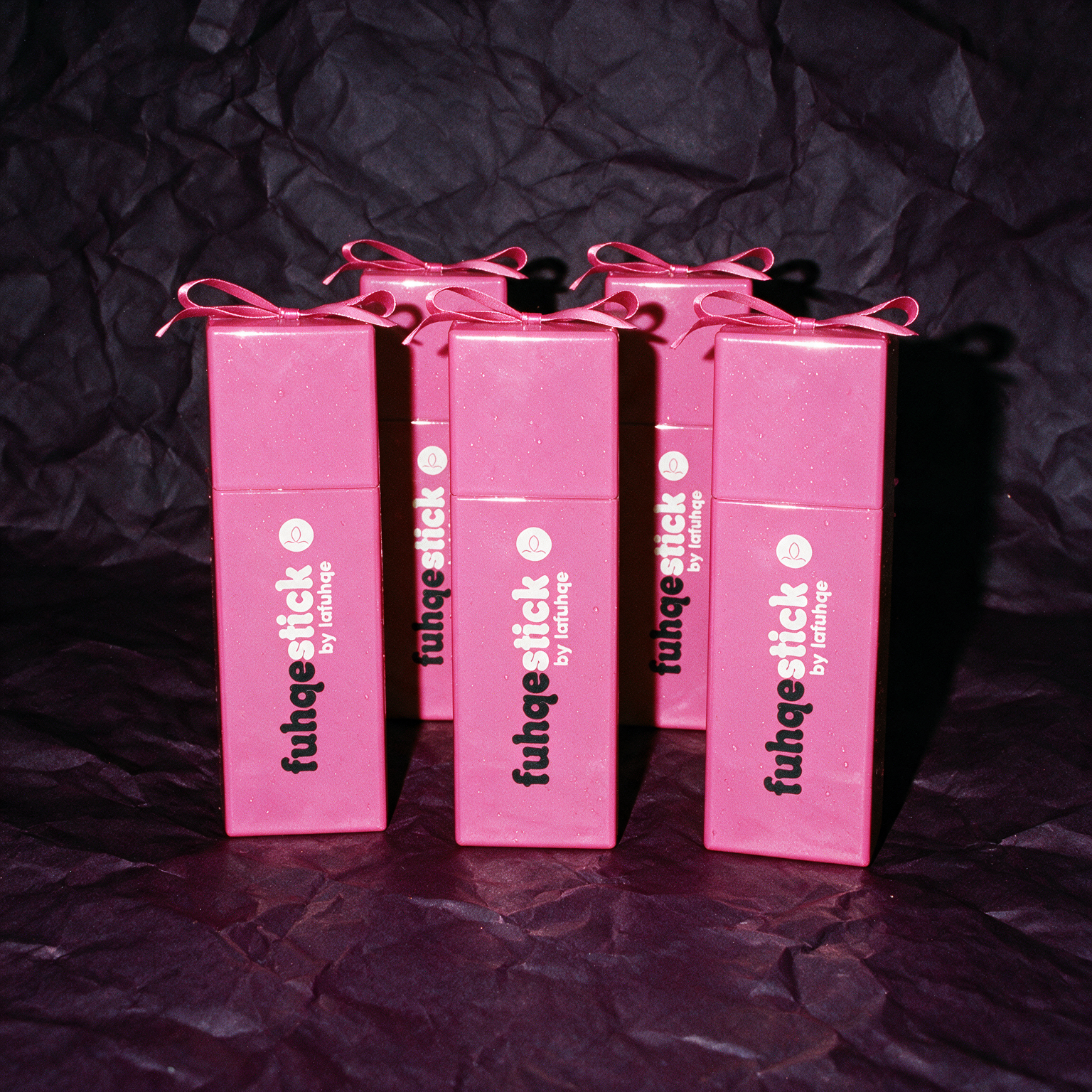 Fuhqe Stick five pack, correct box proportions, deep plum crumpled paper