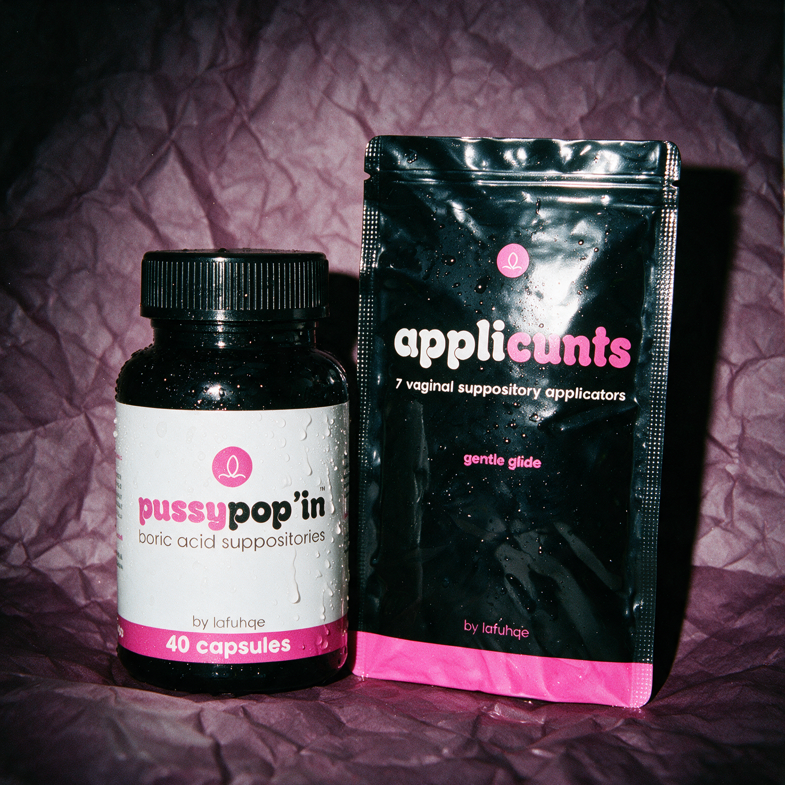 PoosyPopin plus Applicunts combo on deep plum crumpled paper