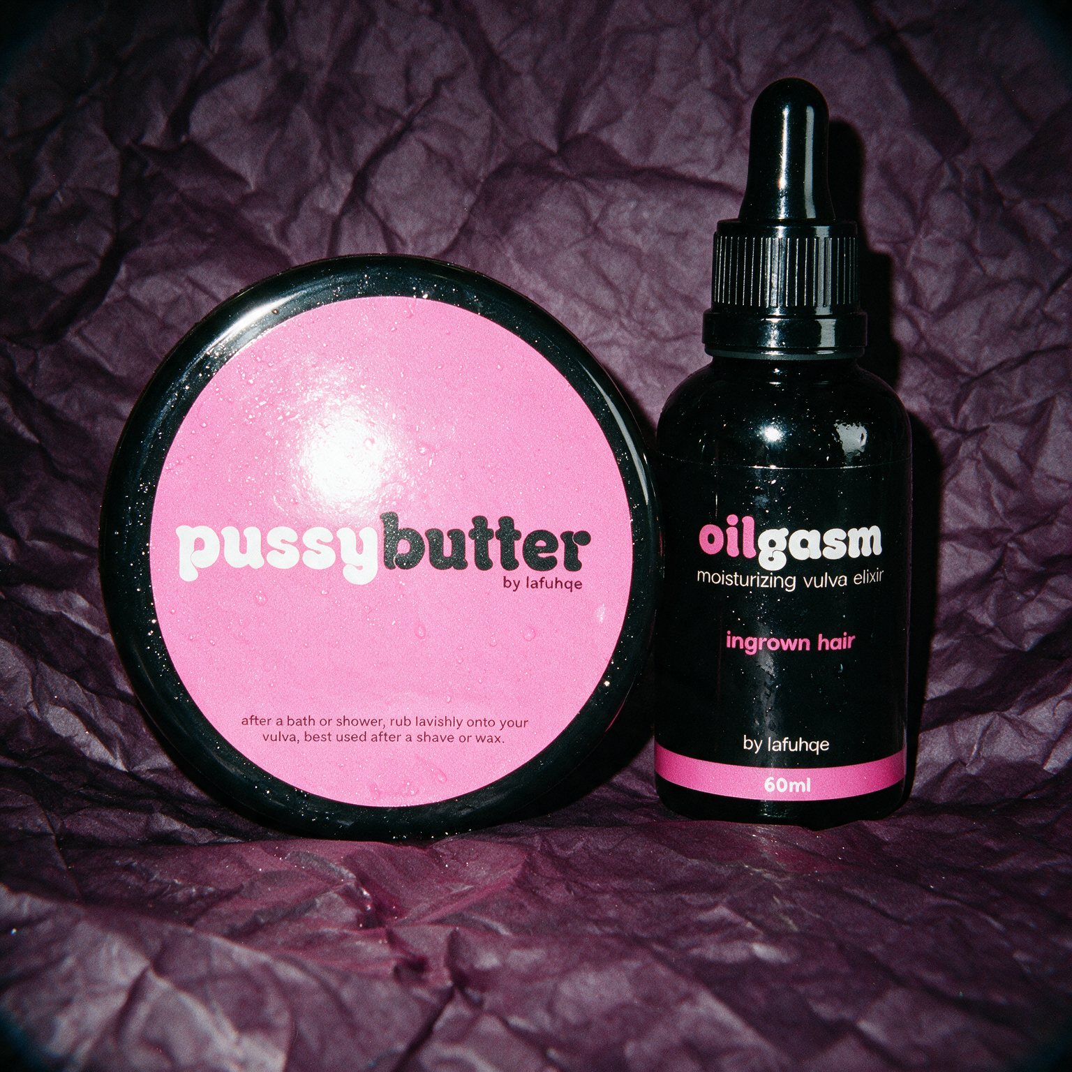 Oilgasm with PoosyButter combo on deep plum crumpled paper