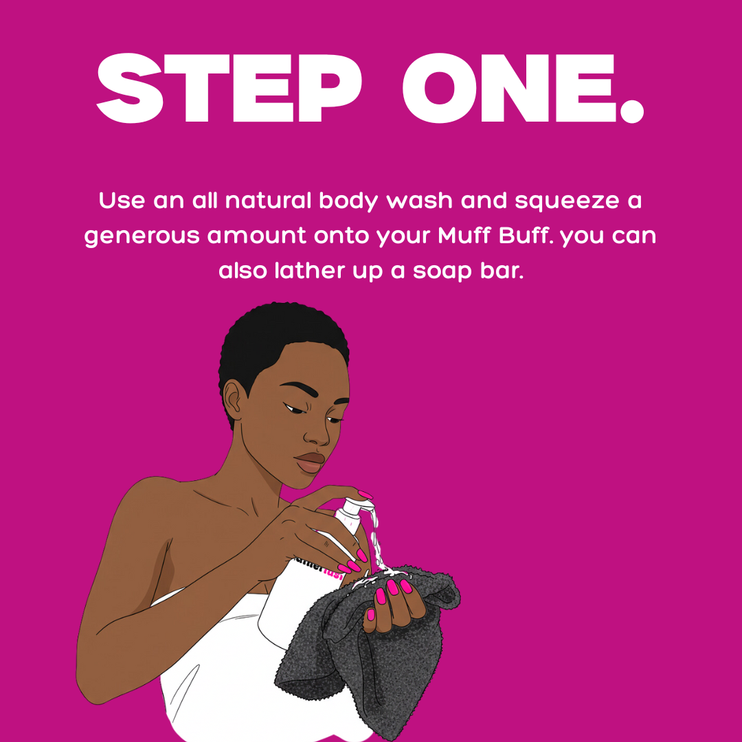 Illustration of a woman using an all natural body wash on a Muff Buff with text on a pink background.