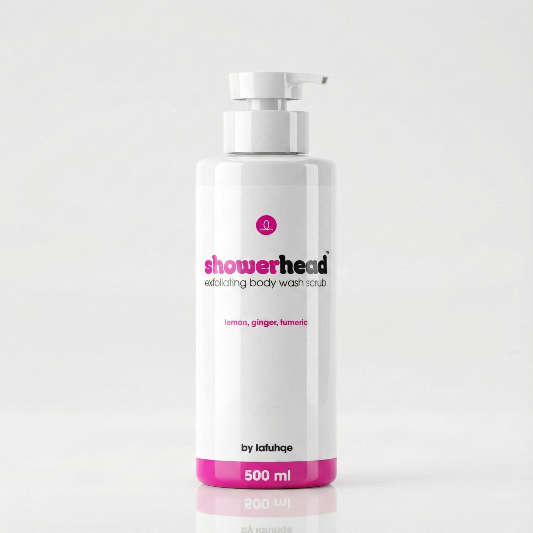 White bottle of 'showerhead' body wash scrub with pink accents on a light gray background