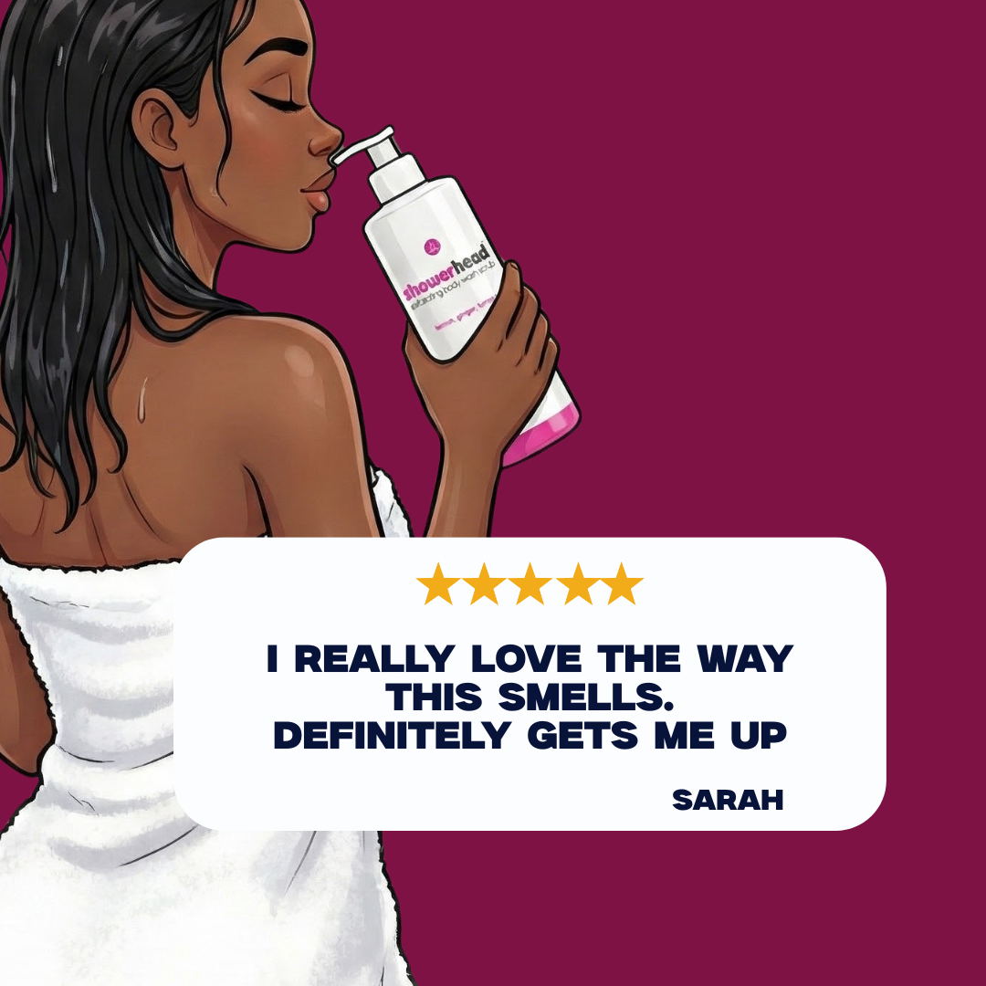 Illustration of a woman holding a bottle of 'Showerhead' with a five-star review on a purple background.