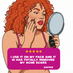 Cartoon woman with red hair looking at mirror with product, text about using product for acne scars, brand 'Justice' visible.